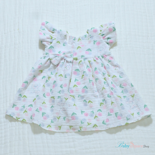 Handmade Muslin Printed Baby Dress - 3 to 6 months (Pink Bunny)
