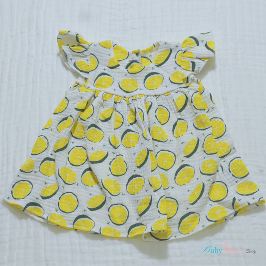 Handmade Muslin Printed Baby Dress - 3 to 6 months (Lemons)