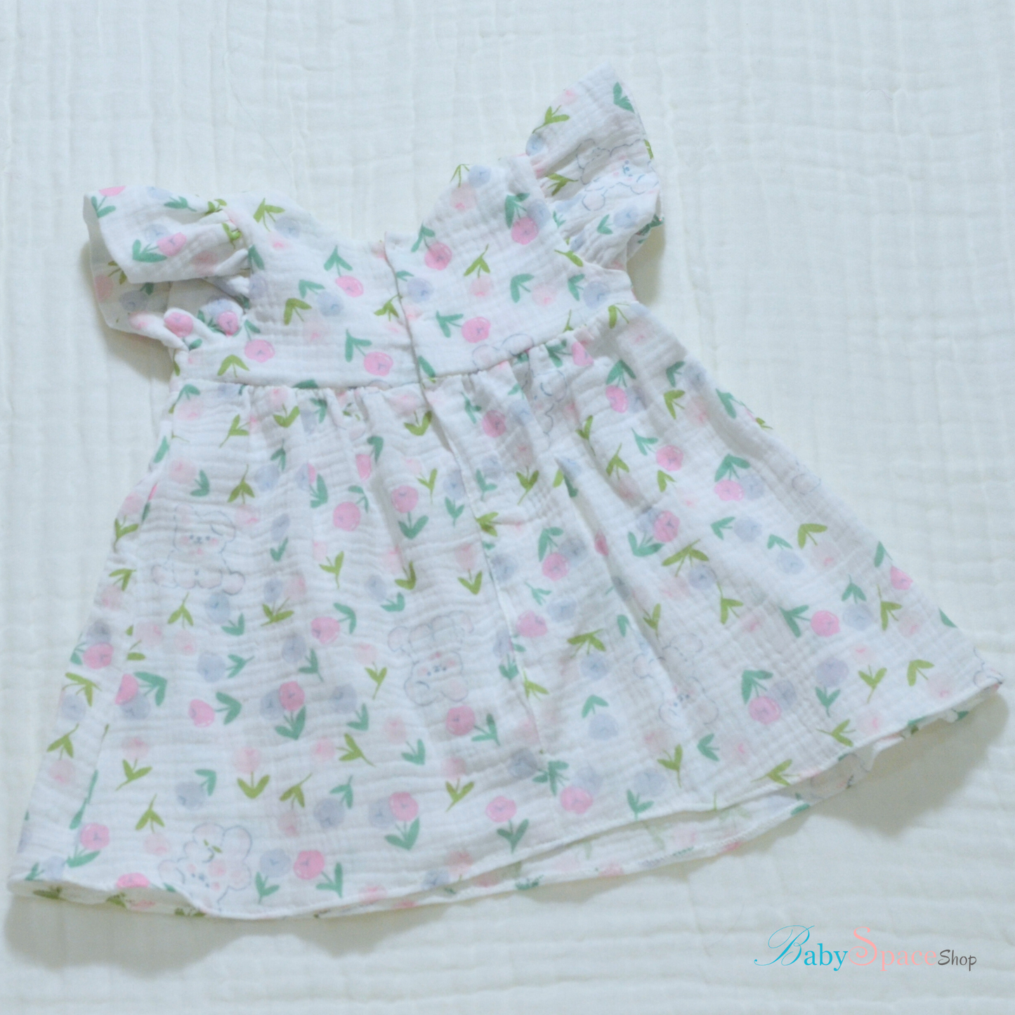 Handmade Muslin Printed Baby Dress - 3 to 6 months (Pink Bunny)
