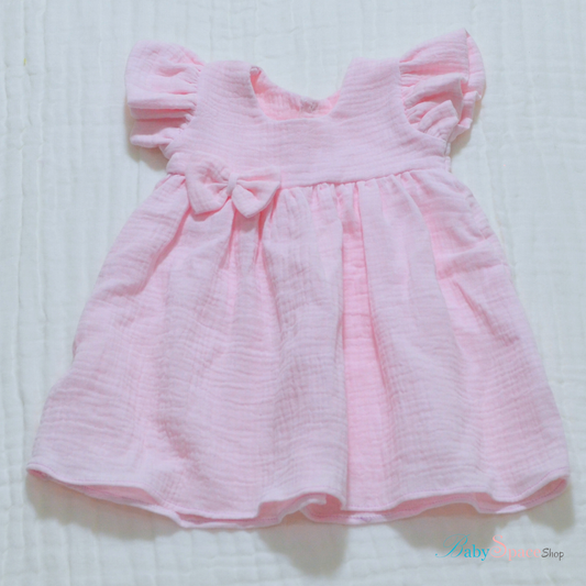 Handmade Muslin Printed Baby Dress - 3 to 6 months (Pink)