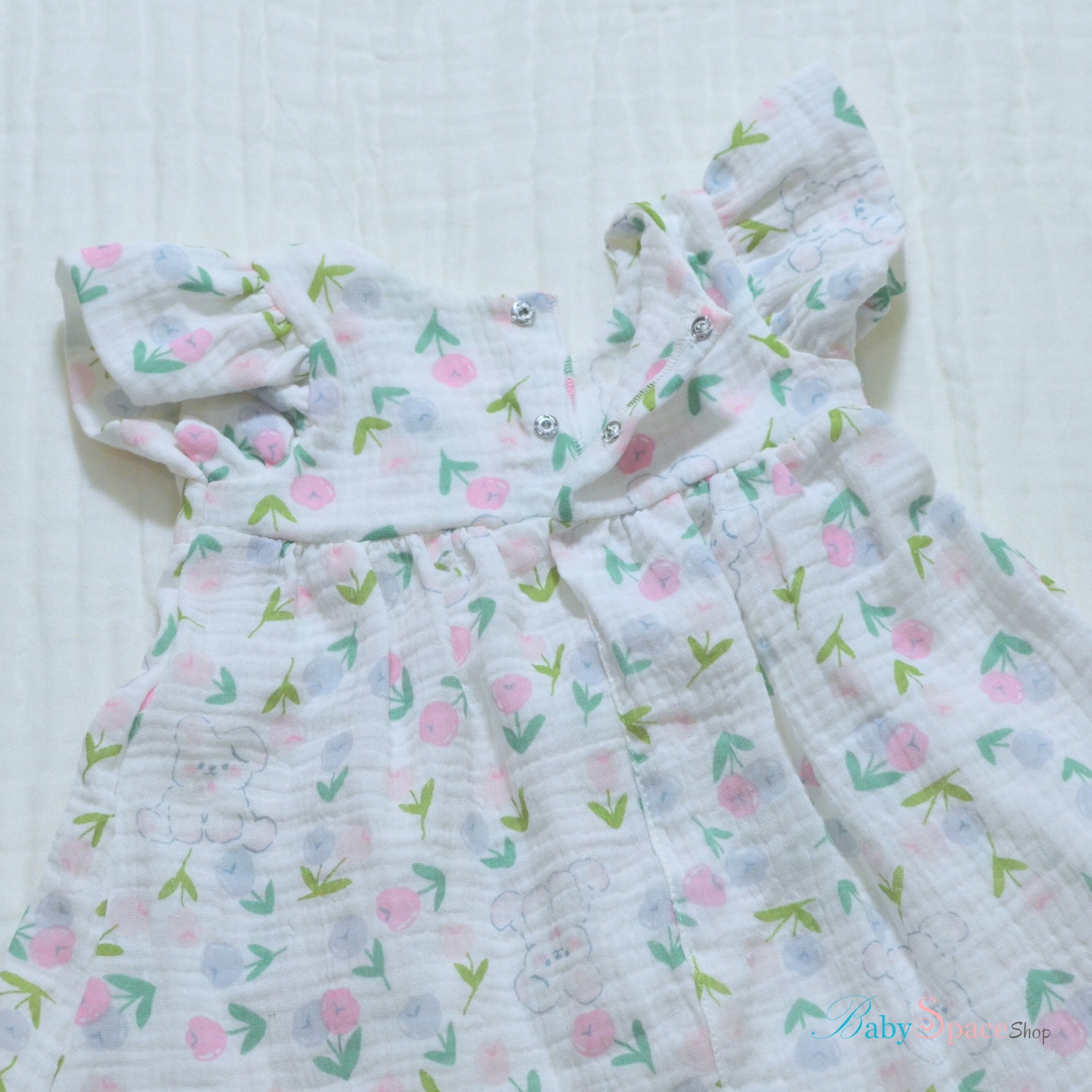 Handmade Muslin Printed Baby Dress - 3 to 6 months (Pink Bunny)