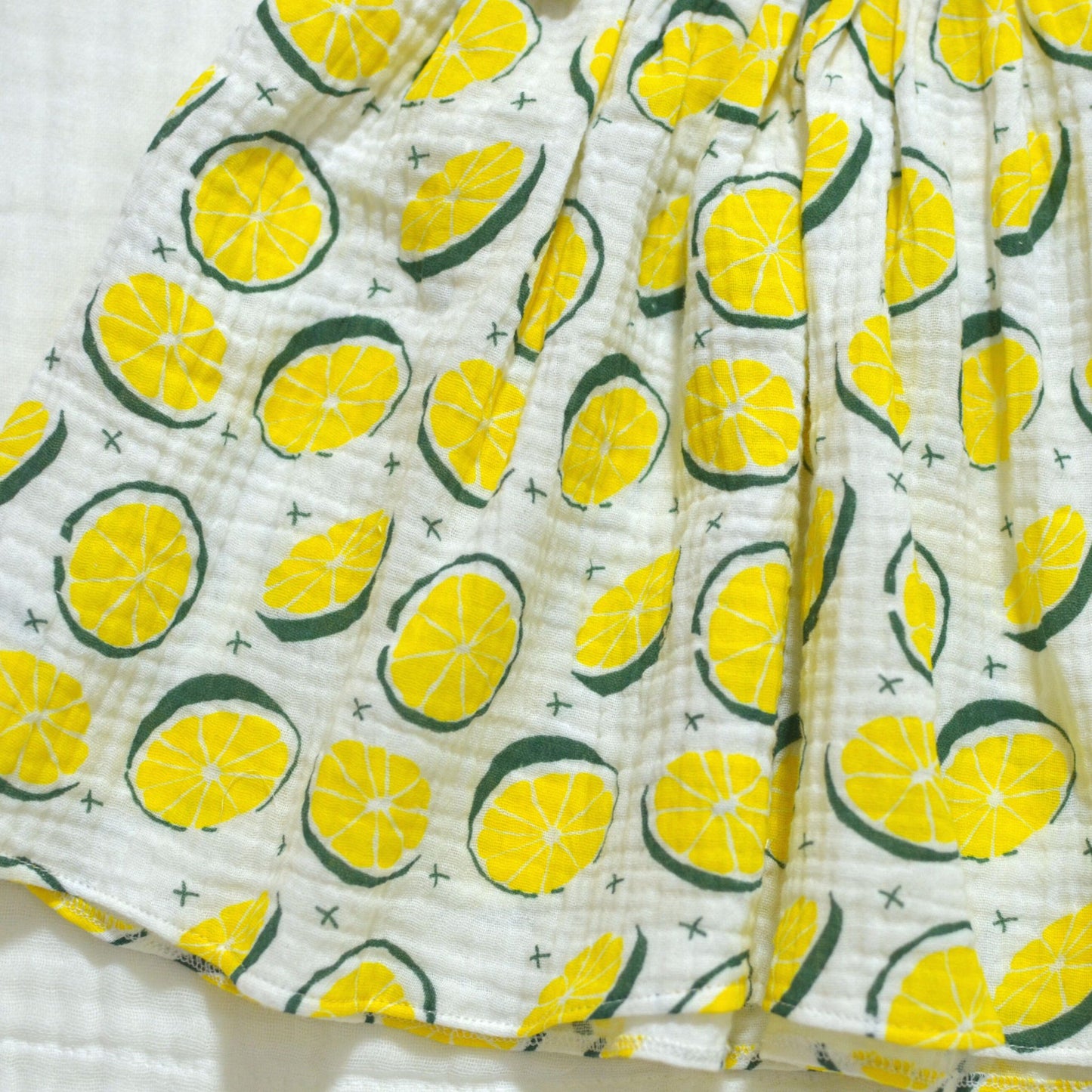 Handmade Muslin Printed Baby Dress - 3 to 6 months (Lemons)