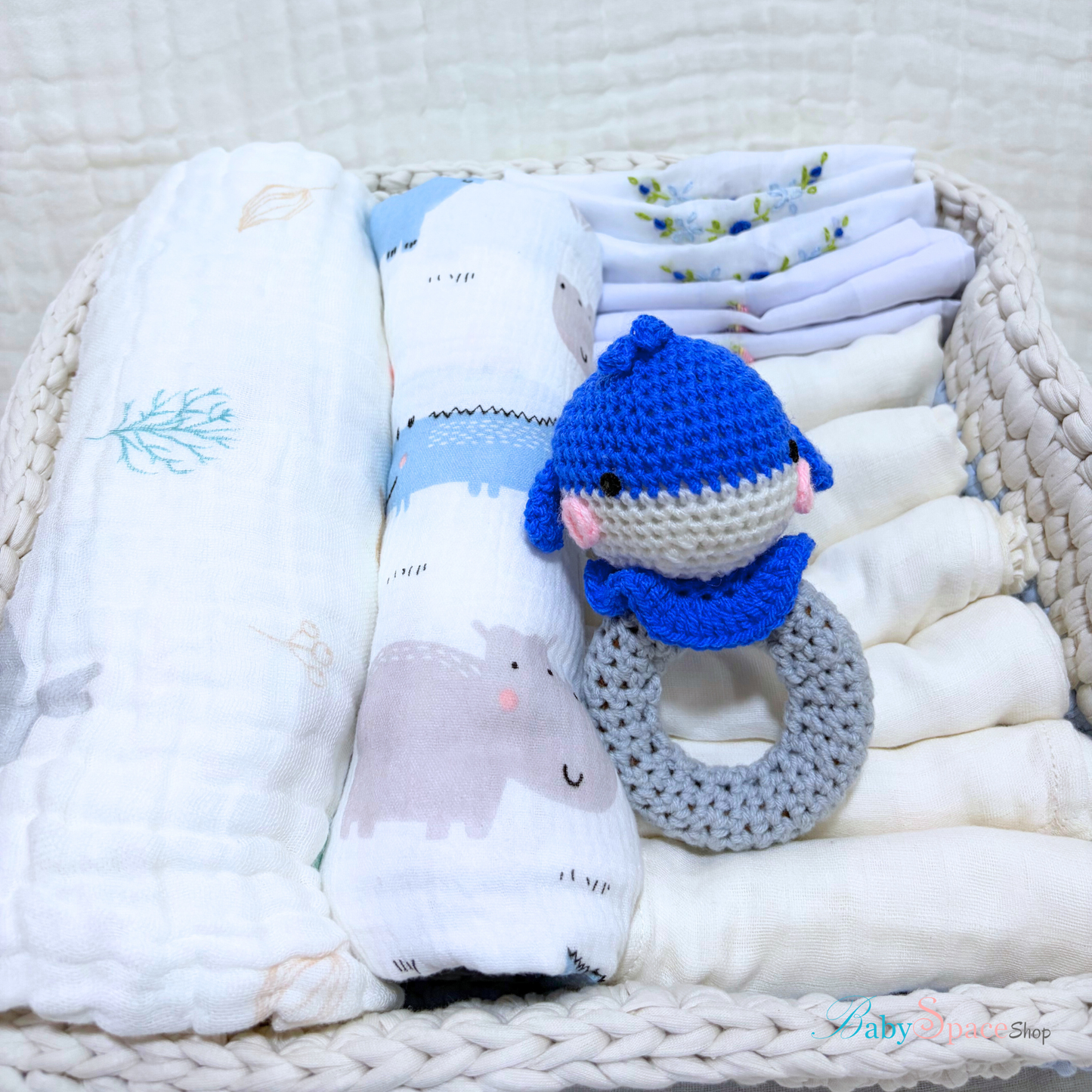 Crochet Basket Baby Hamper Gift - Blue Rattle