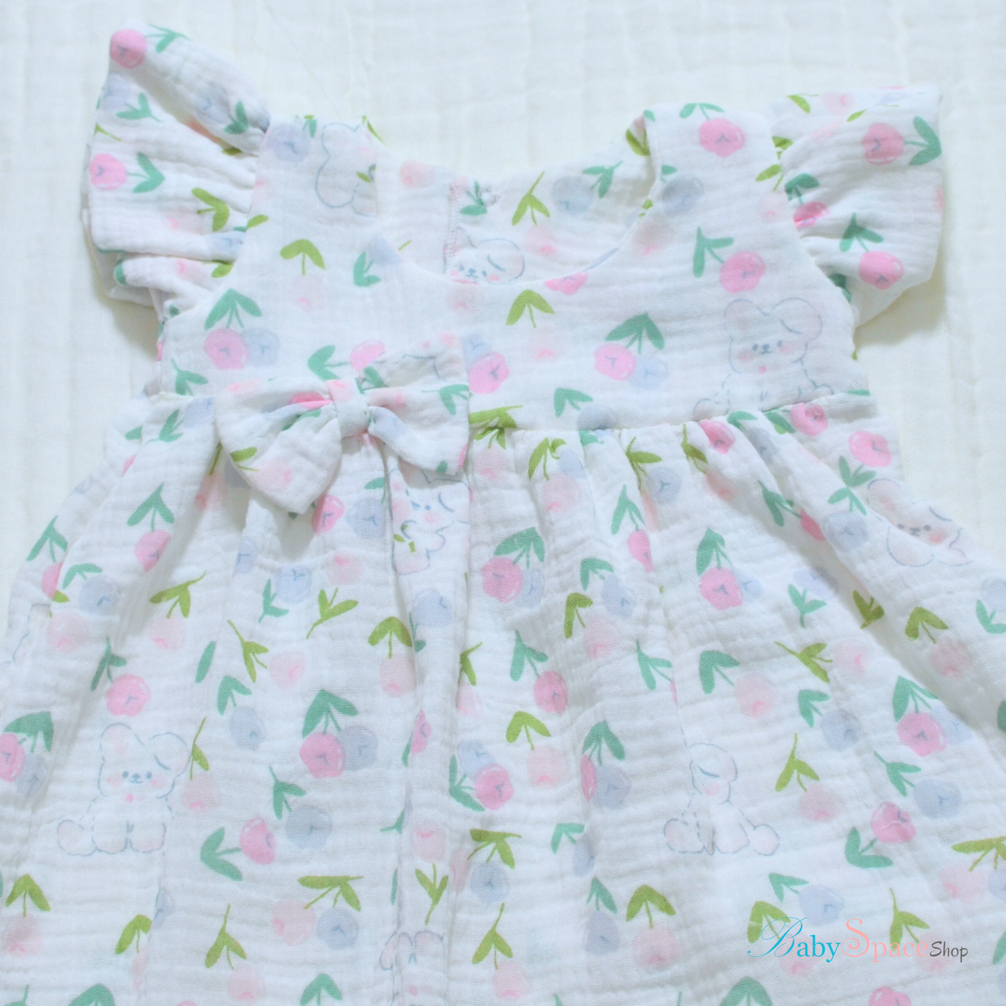 Handmade Muslin Printed Baby Dress - 3 to 6 months (Pink Bunny)