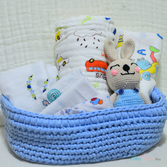 Crochet Basket Baby Hamper Gift - Blue