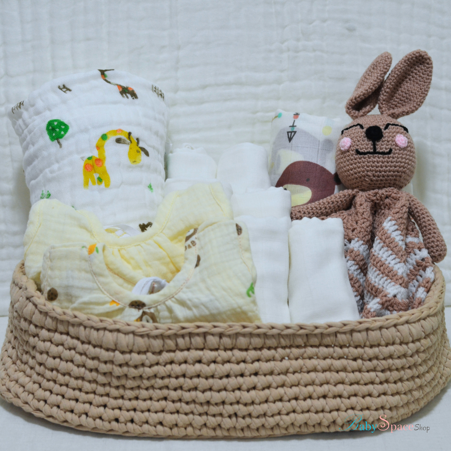 Crochet Basket Baby Hamper Gift - Brown