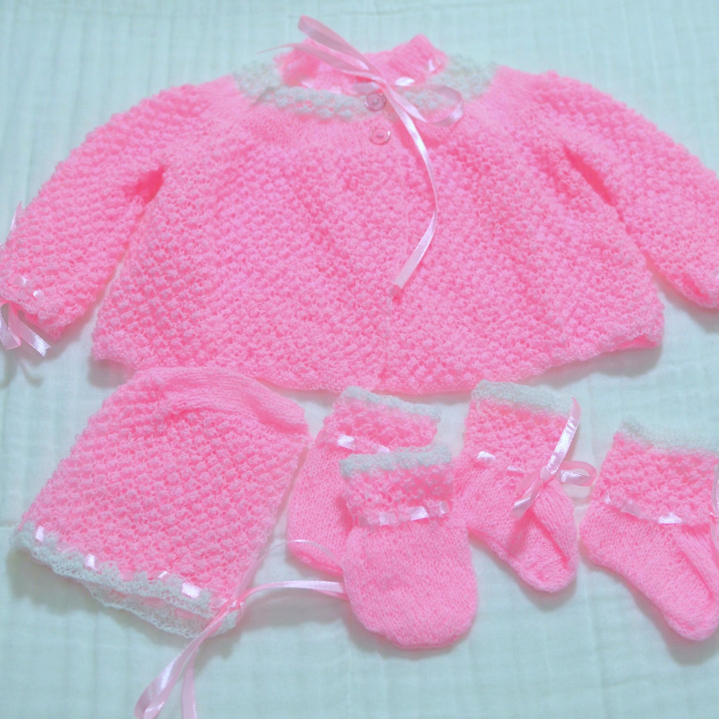 Knitted Baby Overcoat, Hat, Socks, Mittens Set