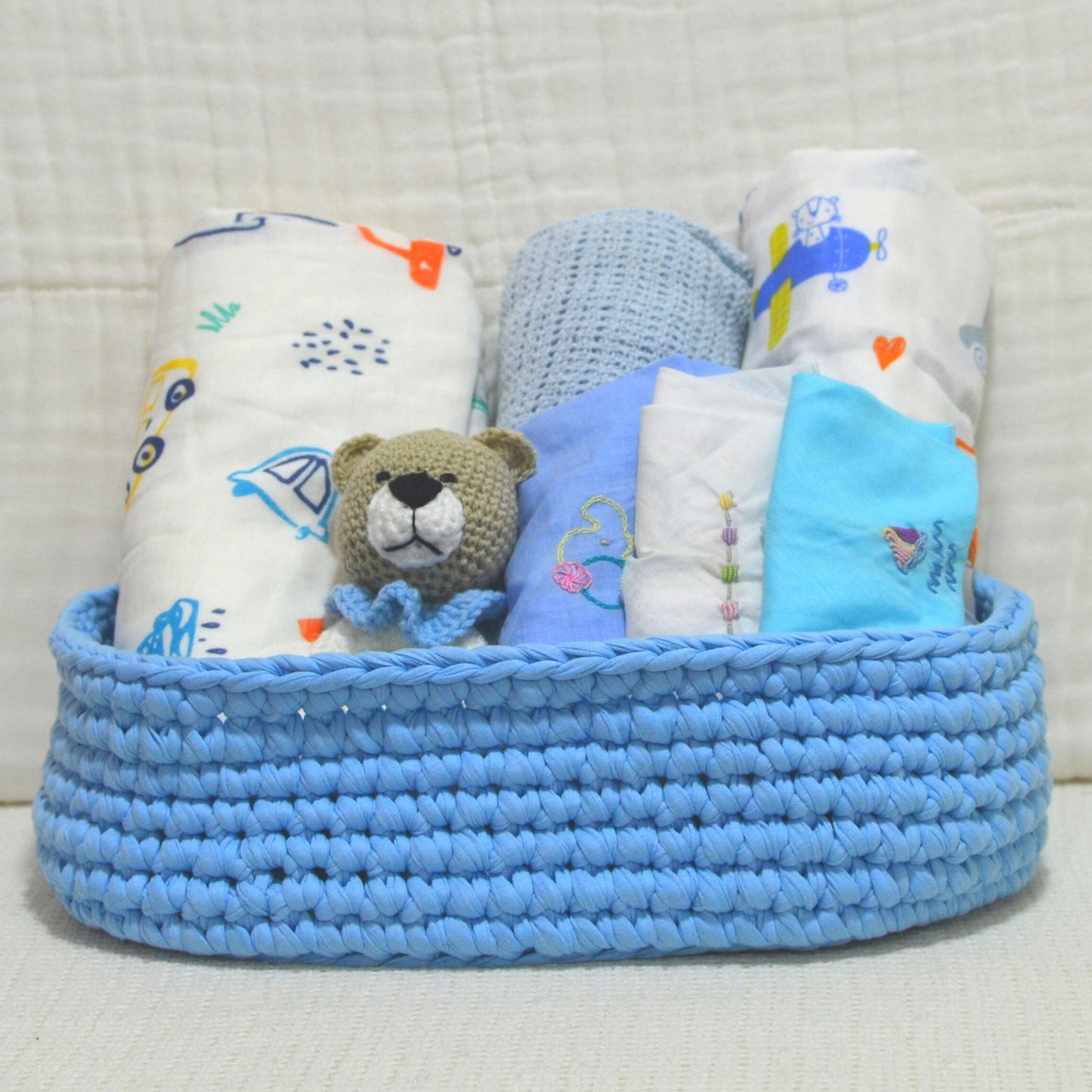 Crochet Basket Baby Hamper Gift - Blue