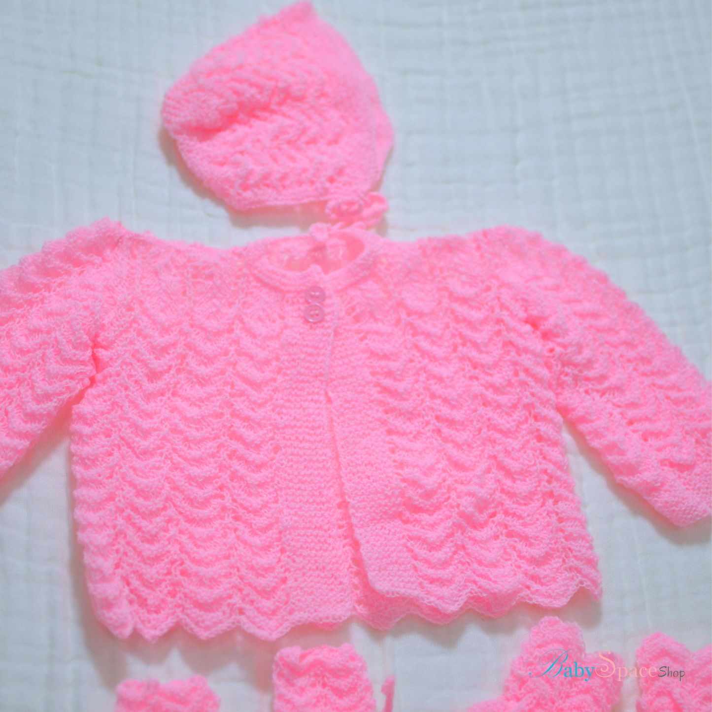 Knitted Baby Overcoat, Hat, Socks, Mittens Set White