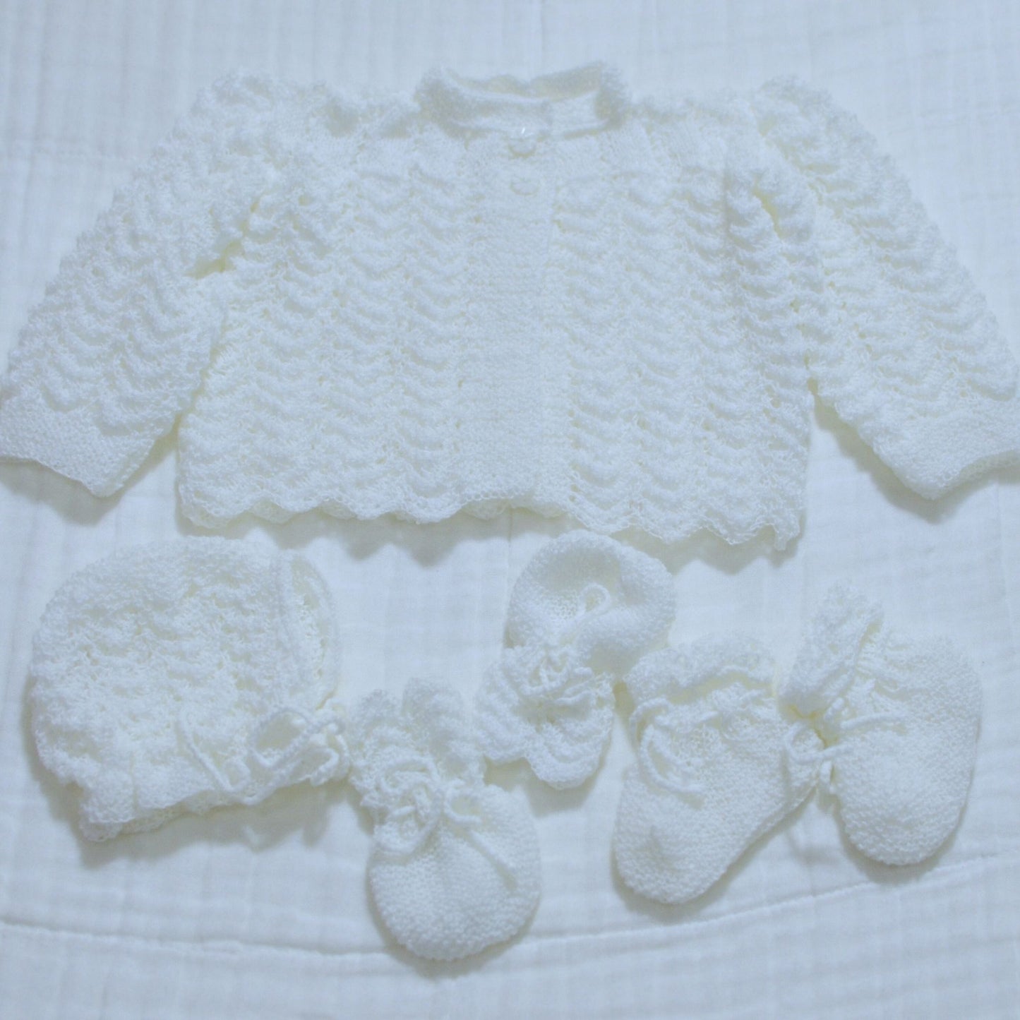 Knitted Baby Overcoat, Hat, Socks, Mittens Set White