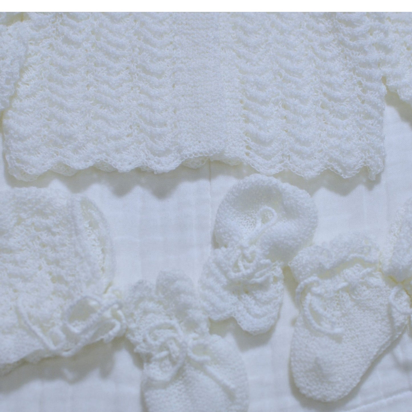 Knitted Baby Overcoat, Hat, Socks, Mittens Set White