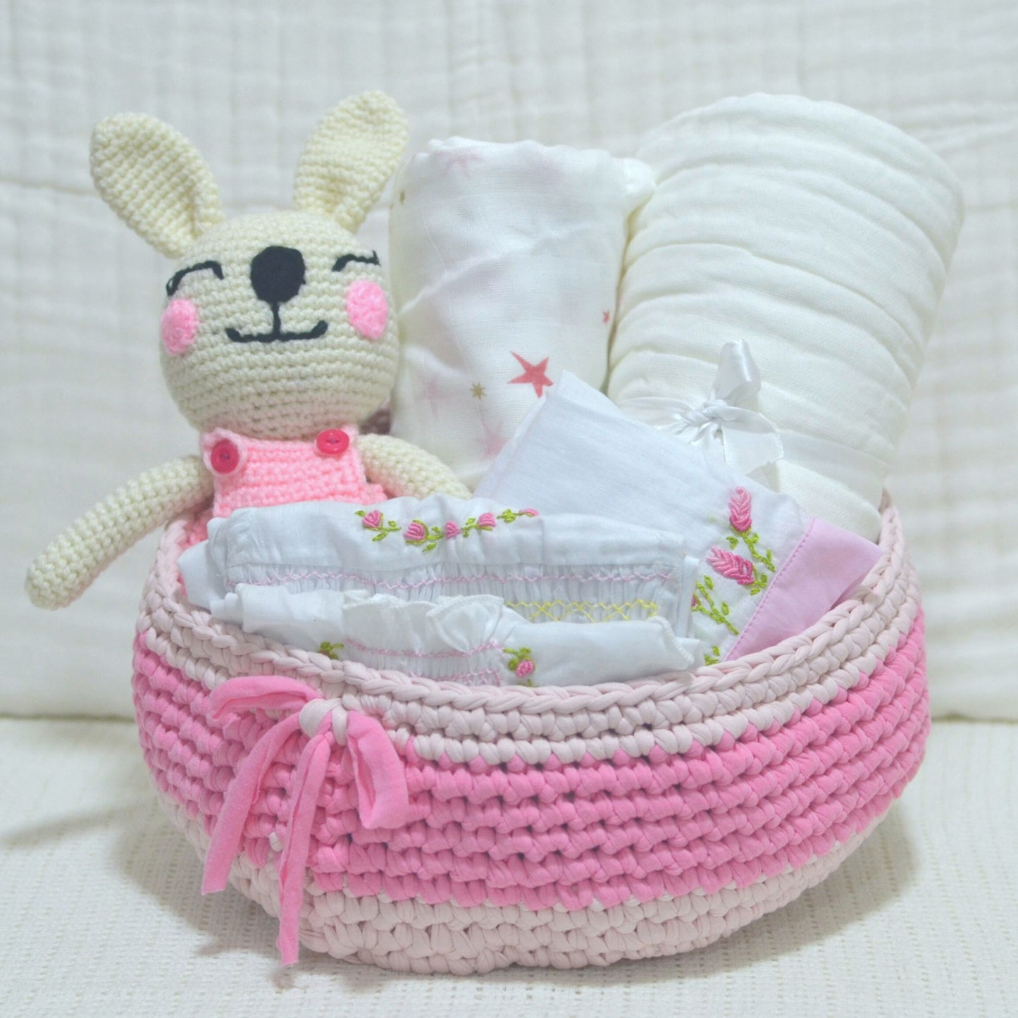 Crochet Basket Baby Hamper Gift - Pink