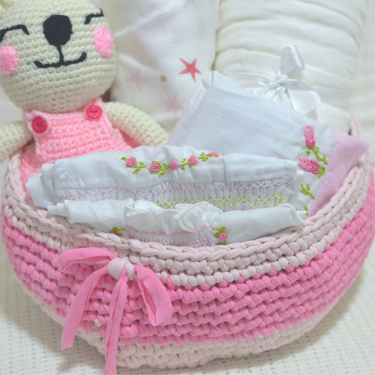 Crochet Basket Baby Hamper Gift - Pink