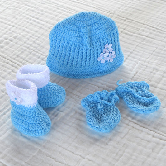 Crochet / Knitted Baby Hat, Socks, Mittens Set 0 to 3 months