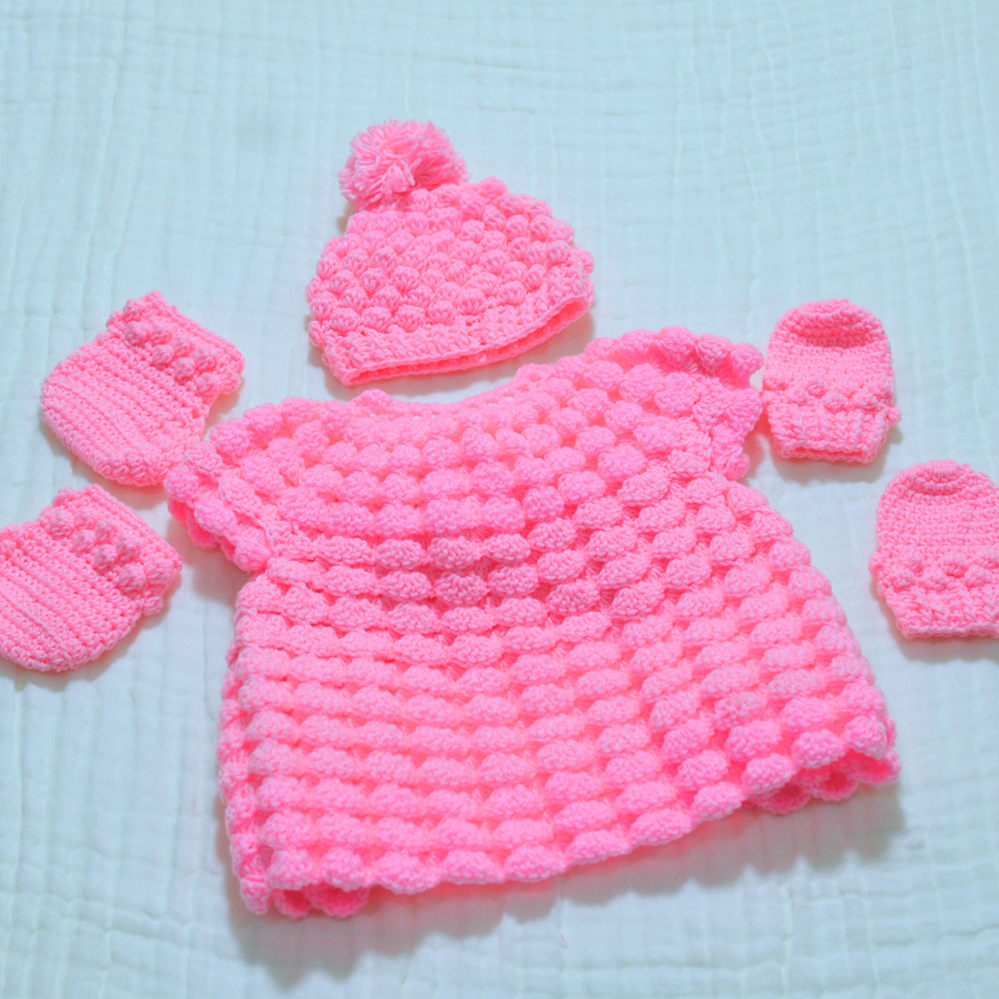 Crochet Suit, Hat  Mittens and Socks - 0 to 3 Month (Tied at back)