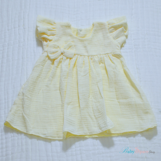 Handmade Muslin Printed Baby Dress - 3 to 6 months (Yellow)