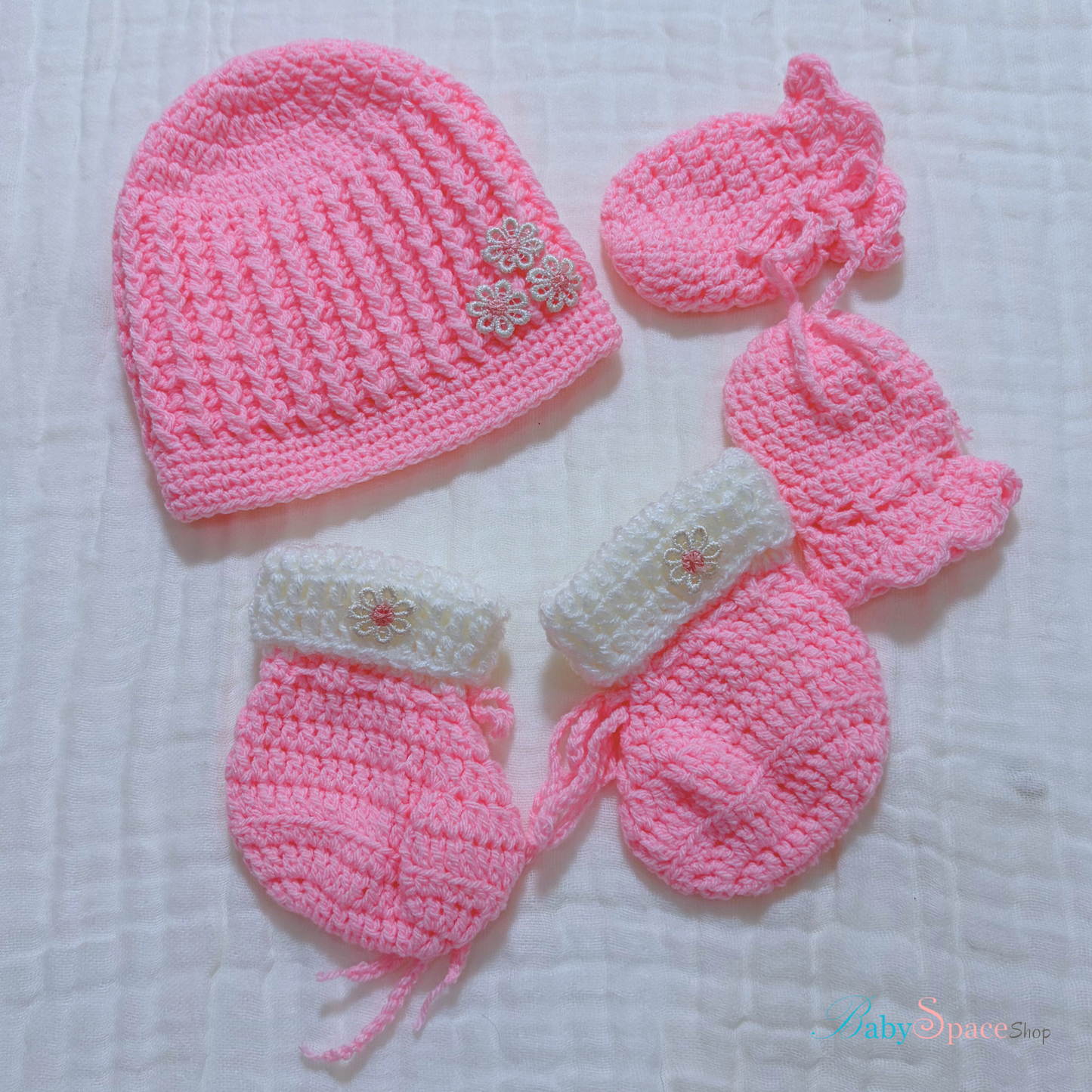 Crochet / Knitted Baby Hat, Socks, Mittens Set 0 to 3 months