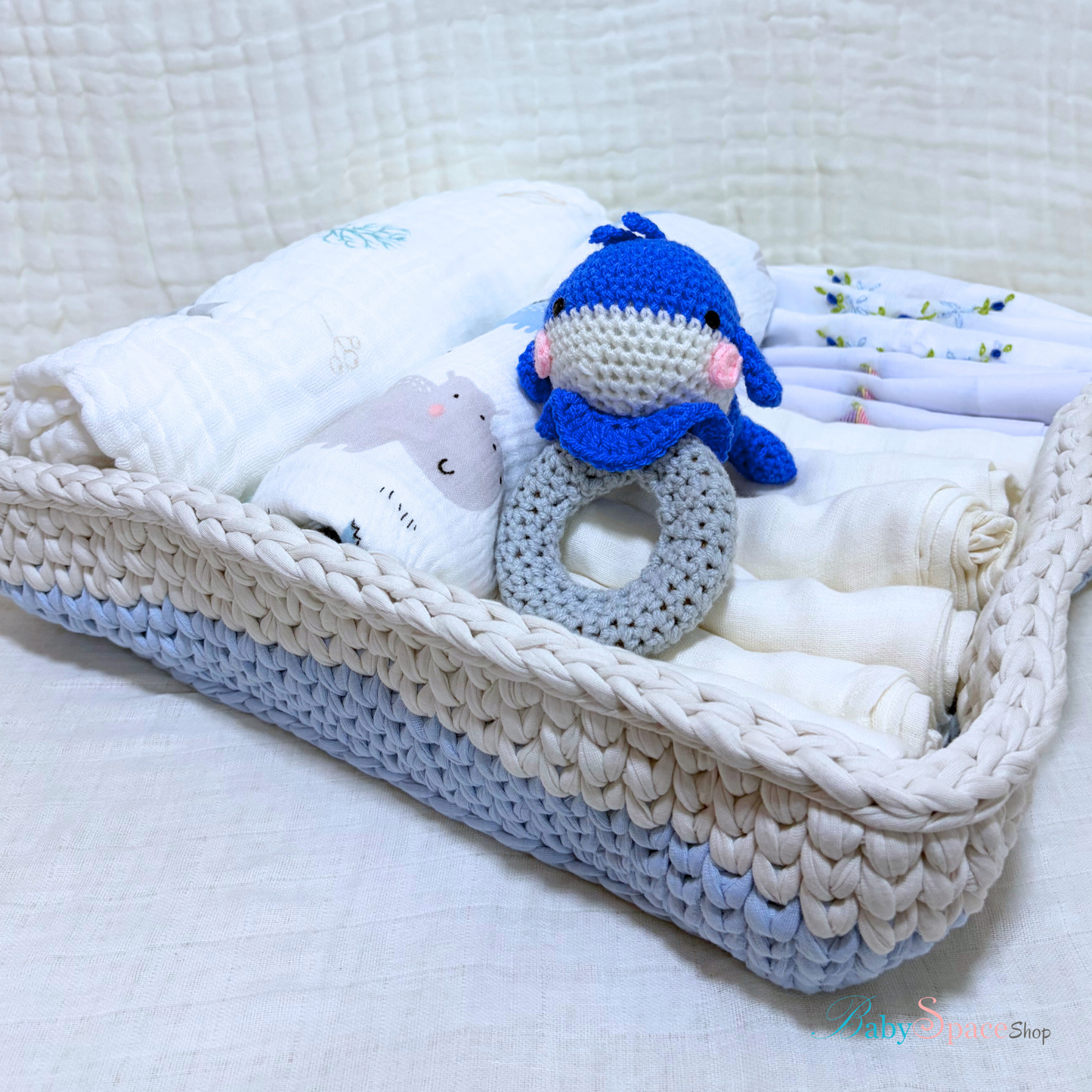 Crochet Basket Baby Hamper Gift - Blue Rattle