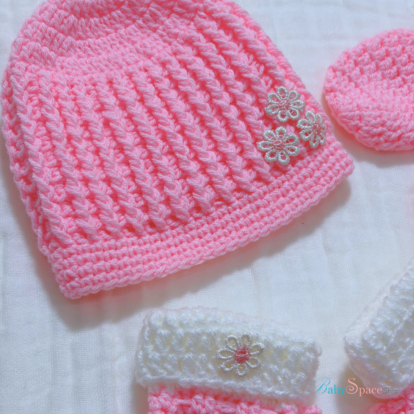 Crochet / Knitted Baby Hat, Socks, Mittens Set 0 to 3 months