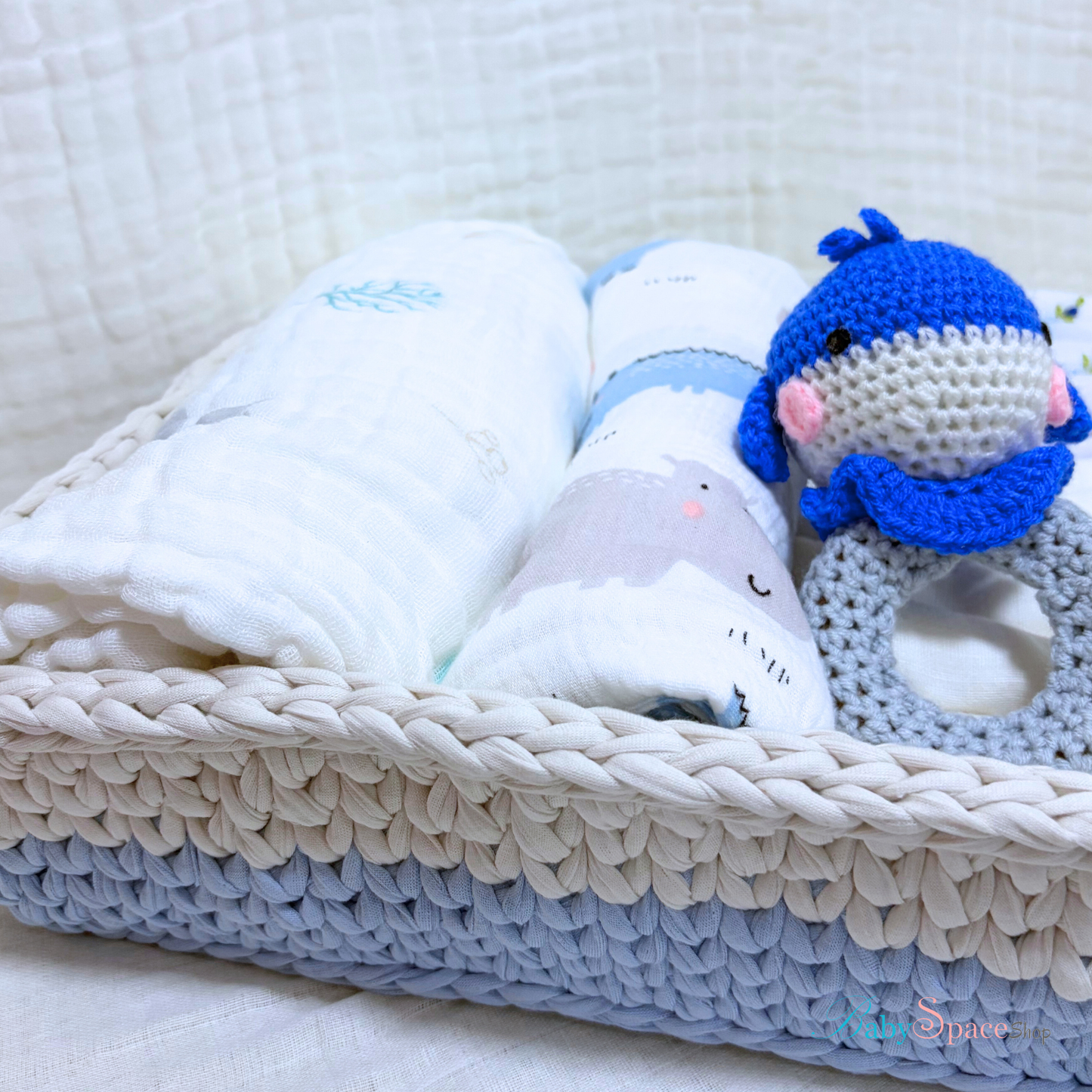 Crochet Basket Baby Hamper Gift - Blue Rattle