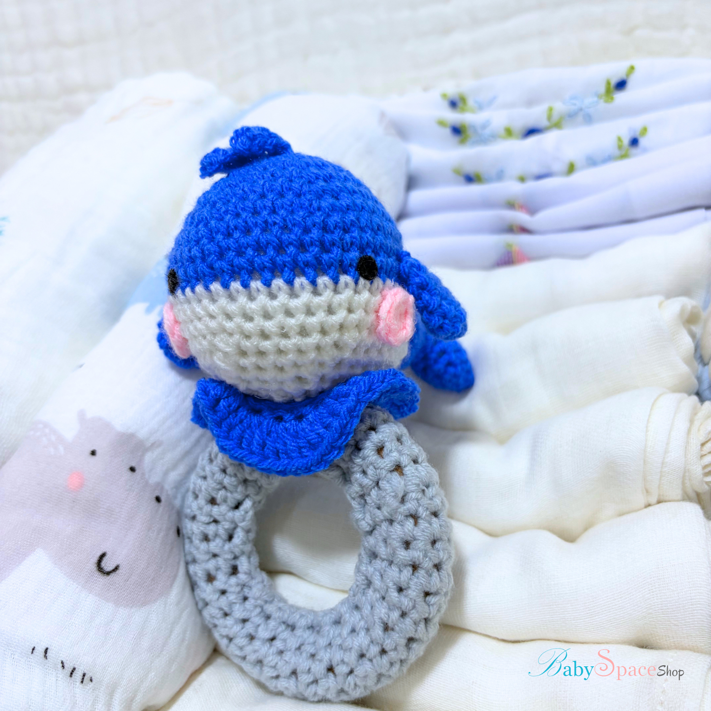 Crochet Basket Baby Hamper Gift - Blue Rattle