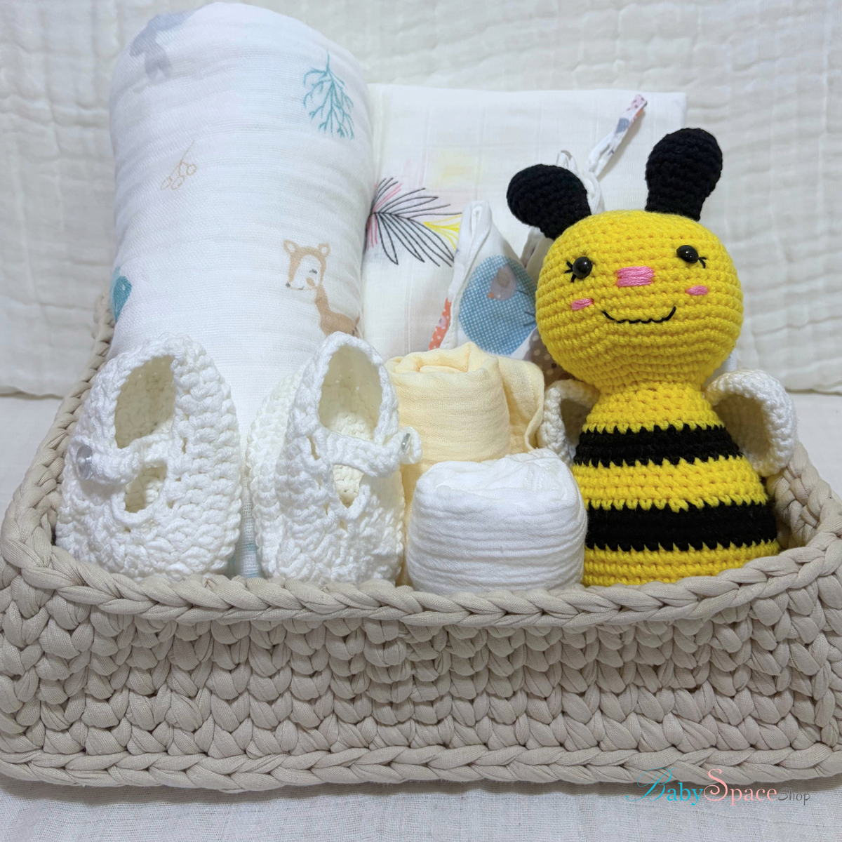 Crochet Basket Baby Hamper Gift - Bee II