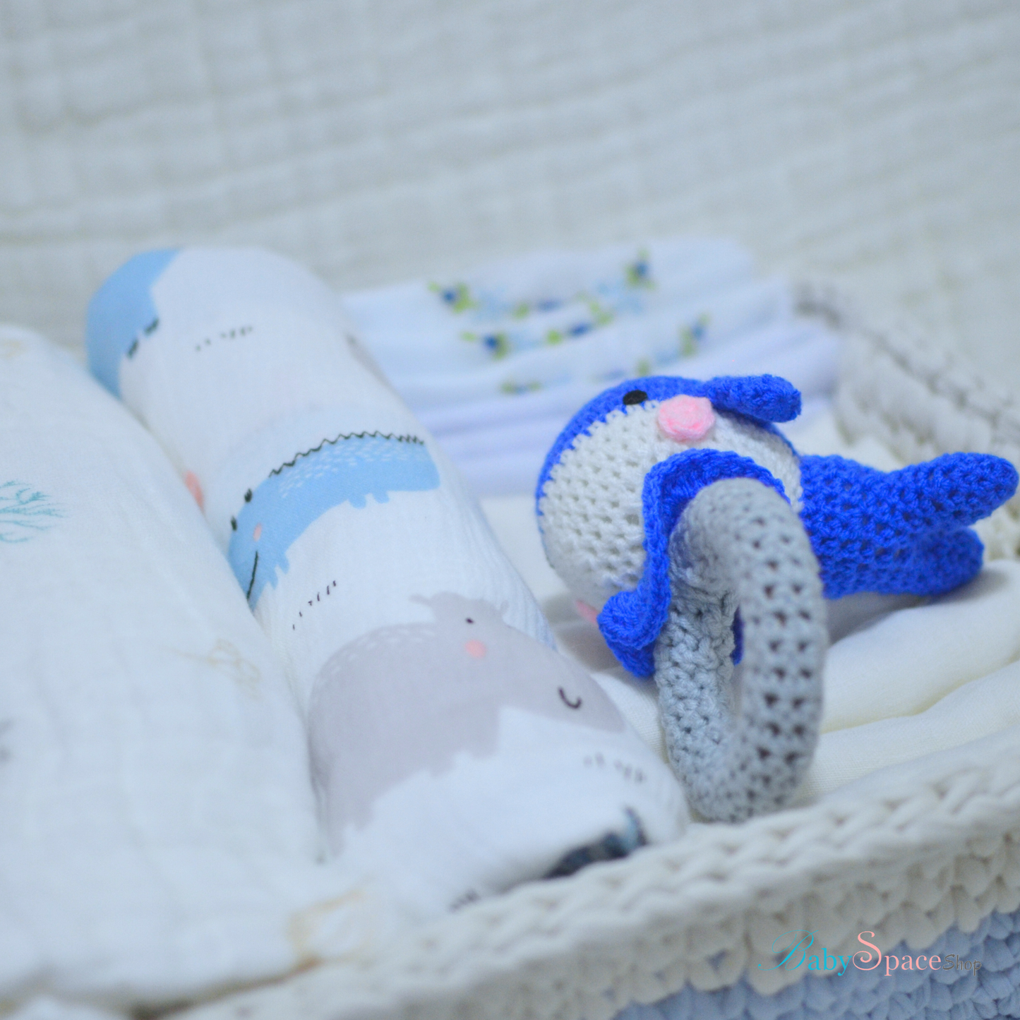 Crochet Basket Baby Hamper Gift - Blue Rattle