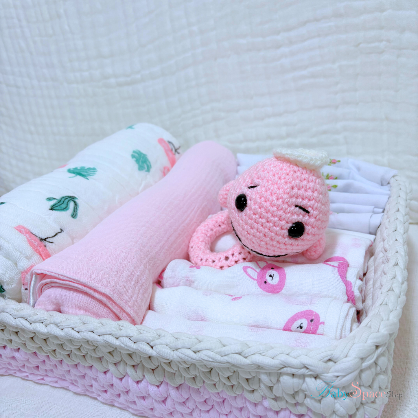 Crochet Basket Baby Hamper Gift - Pink Rattle