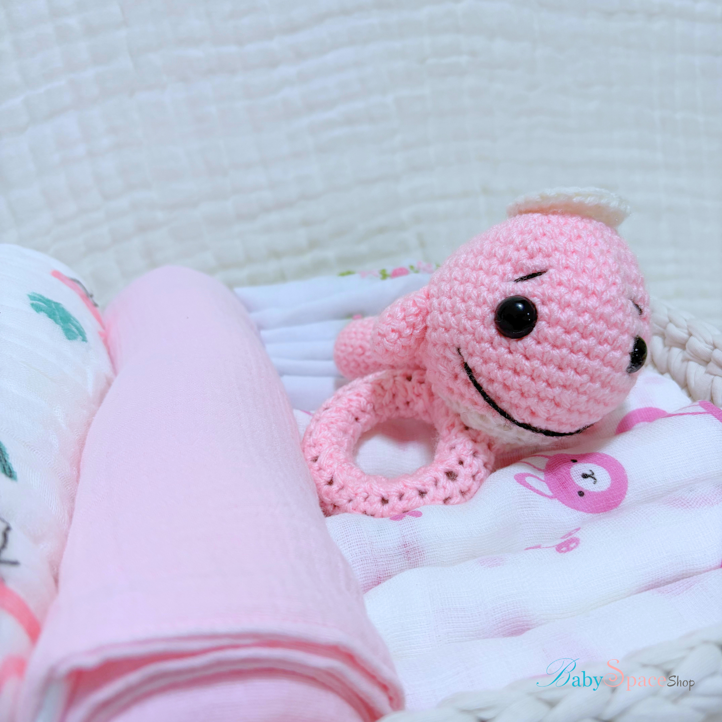 Crochet Basket Baby Hamper Gift - Pink Rattle