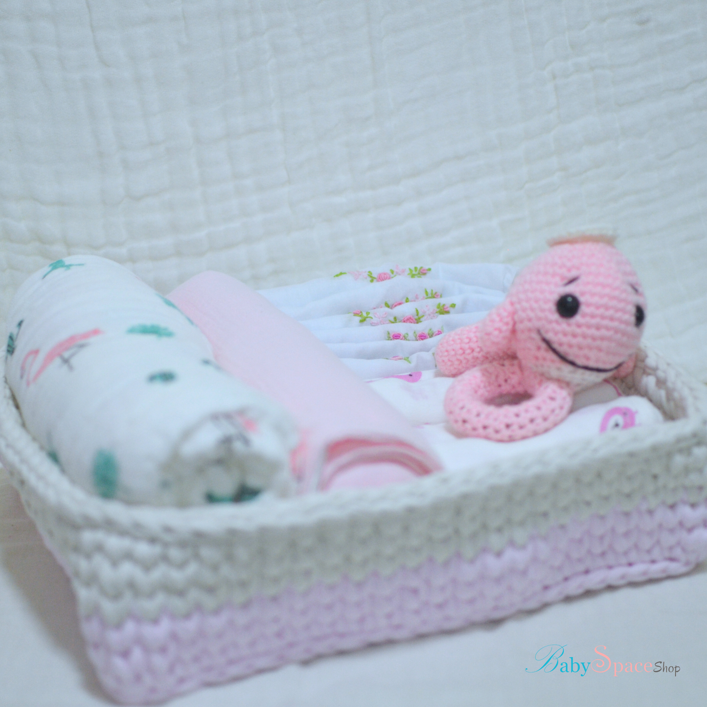 Crochet Basket Baby Hamper Gift - Pink Rattle