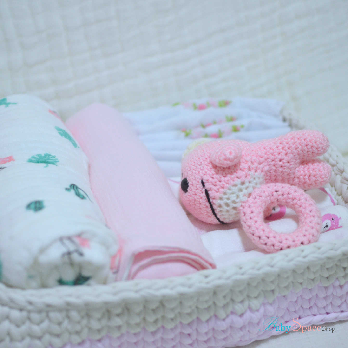 Crochet Basket Baby Hamper Gift - Pink Rattle
