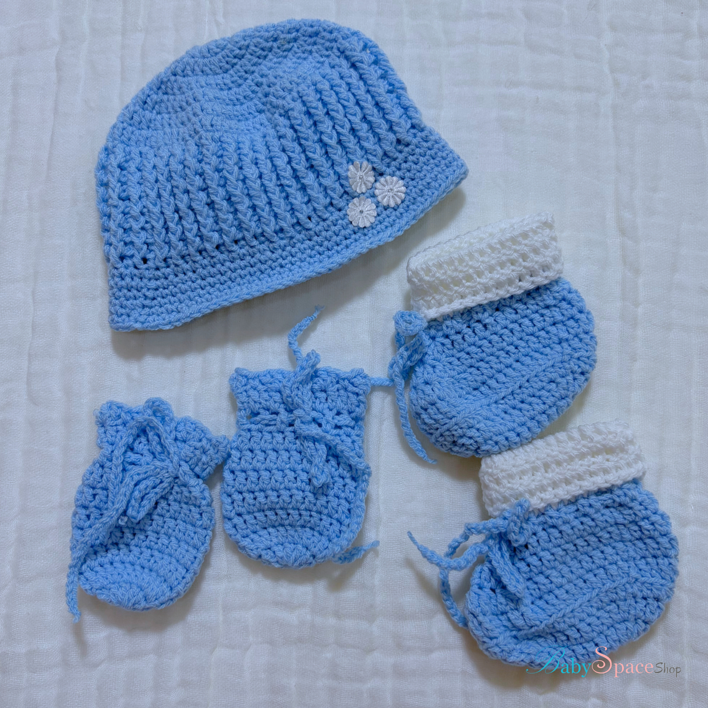 Crochet / Knitted Baby Hat, Socks, Mittens Set 0 to 3 months