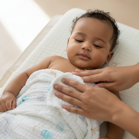 Baby after bath with blue animals towel