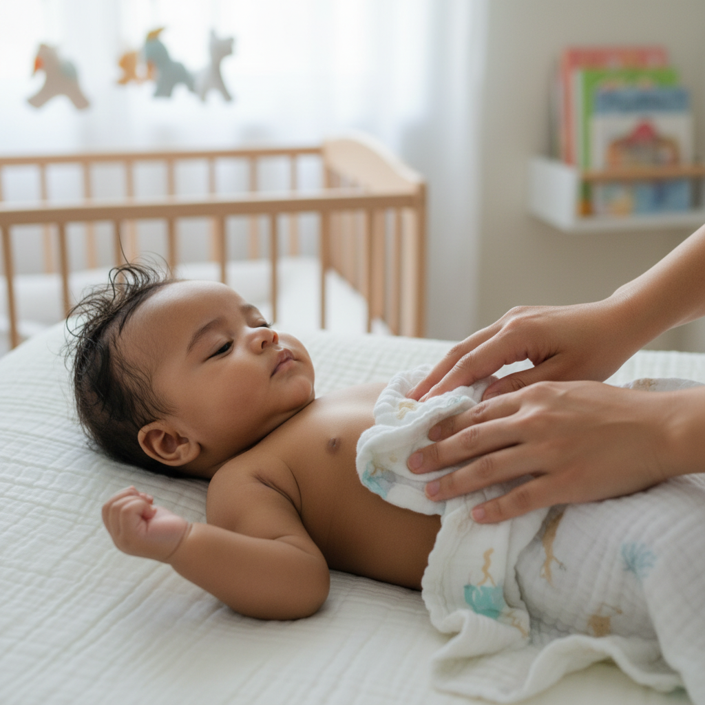 Baby after bath with pastel animals towel