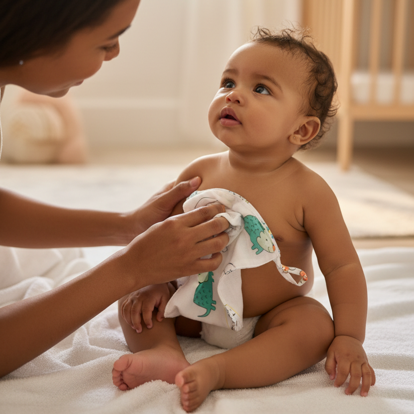 Baby being wiped with smaller dinosaur washcloth
