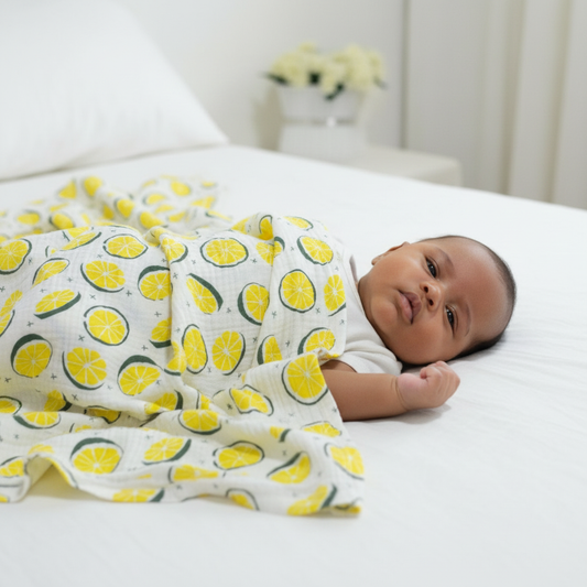 Baby covered in lemon print blanket on bed