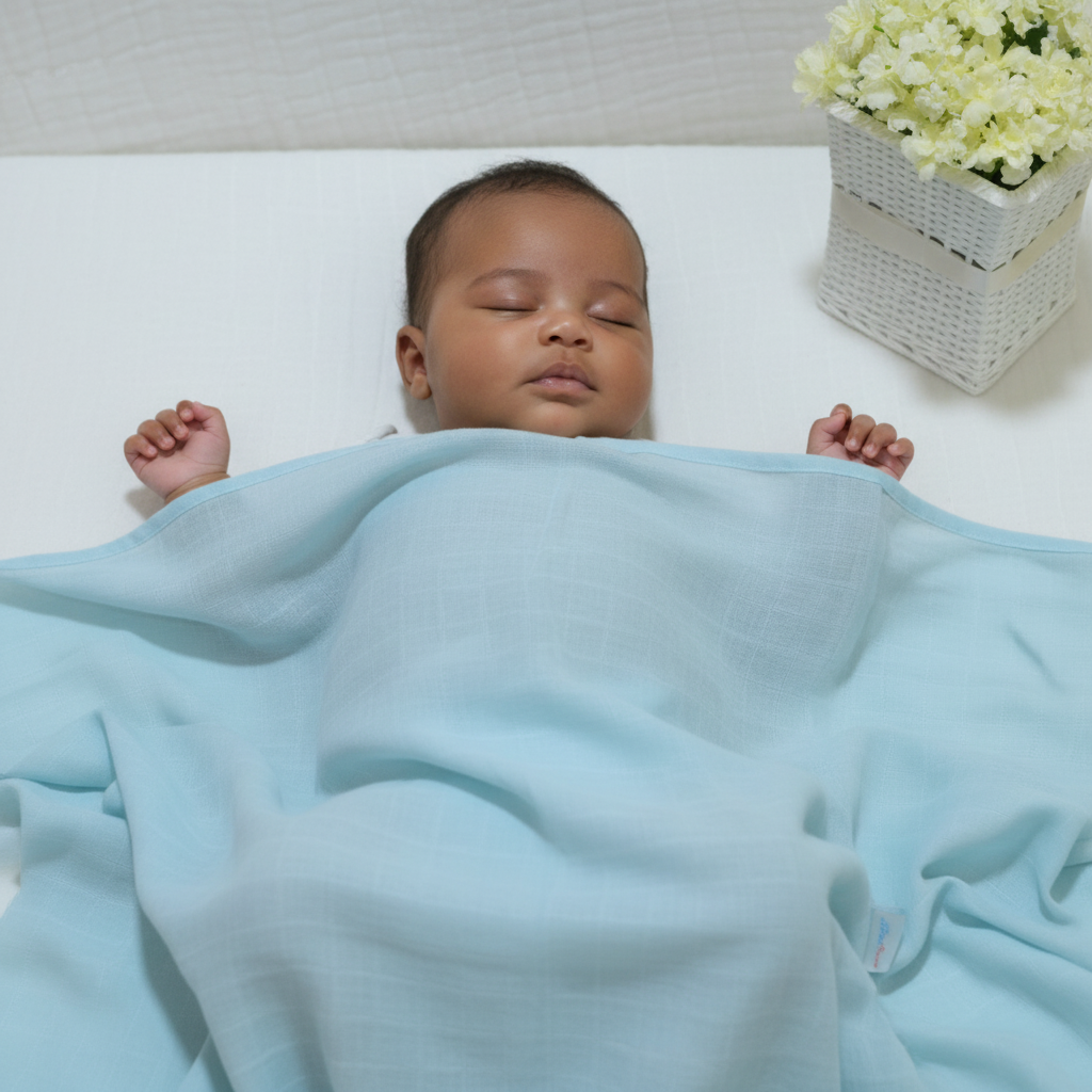 Baby covered in light blue cotton blanket in cot