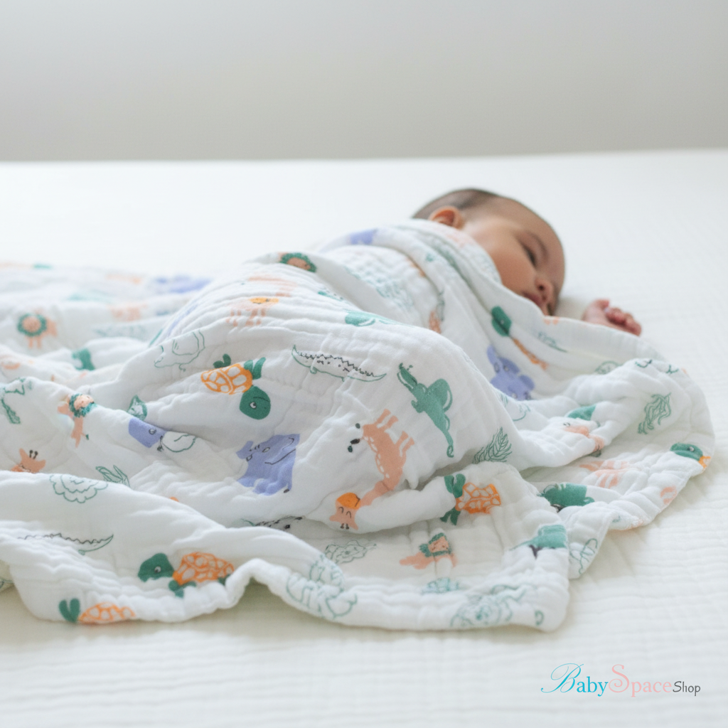 Baby covered in safari animals warm blanket on bed