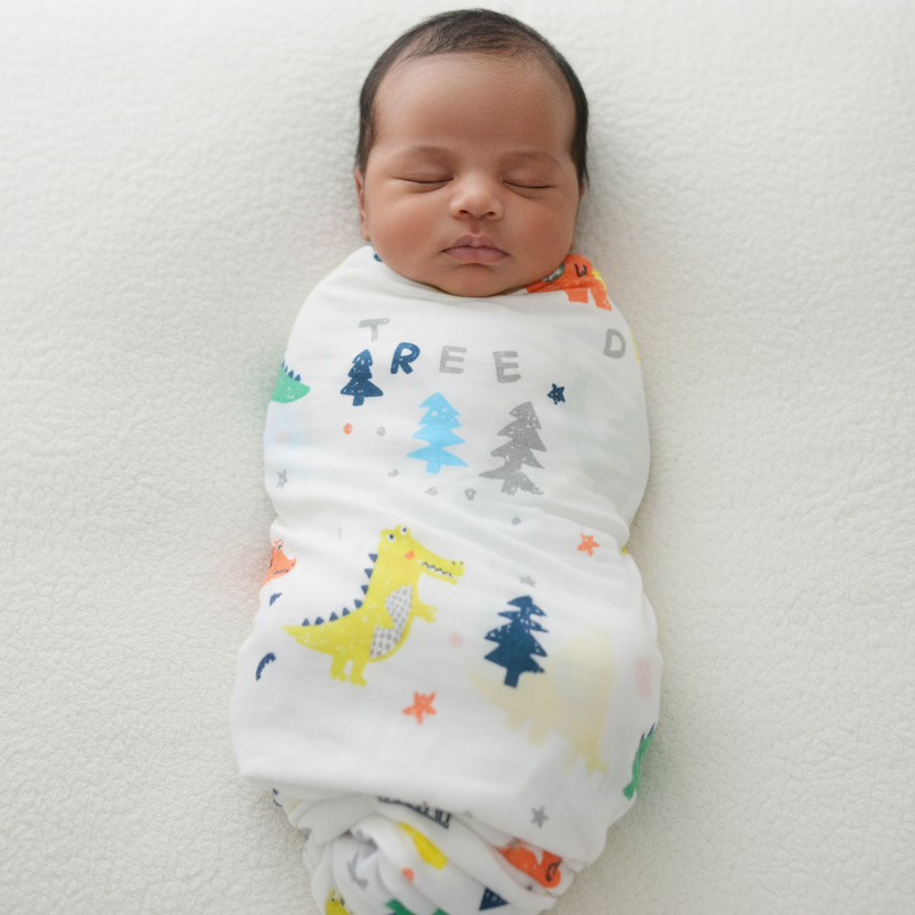 Baby full body swaddled in dinosaur print blanket