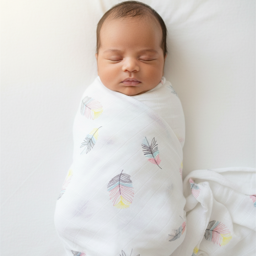 Baby full body swaddled in feather print blanket