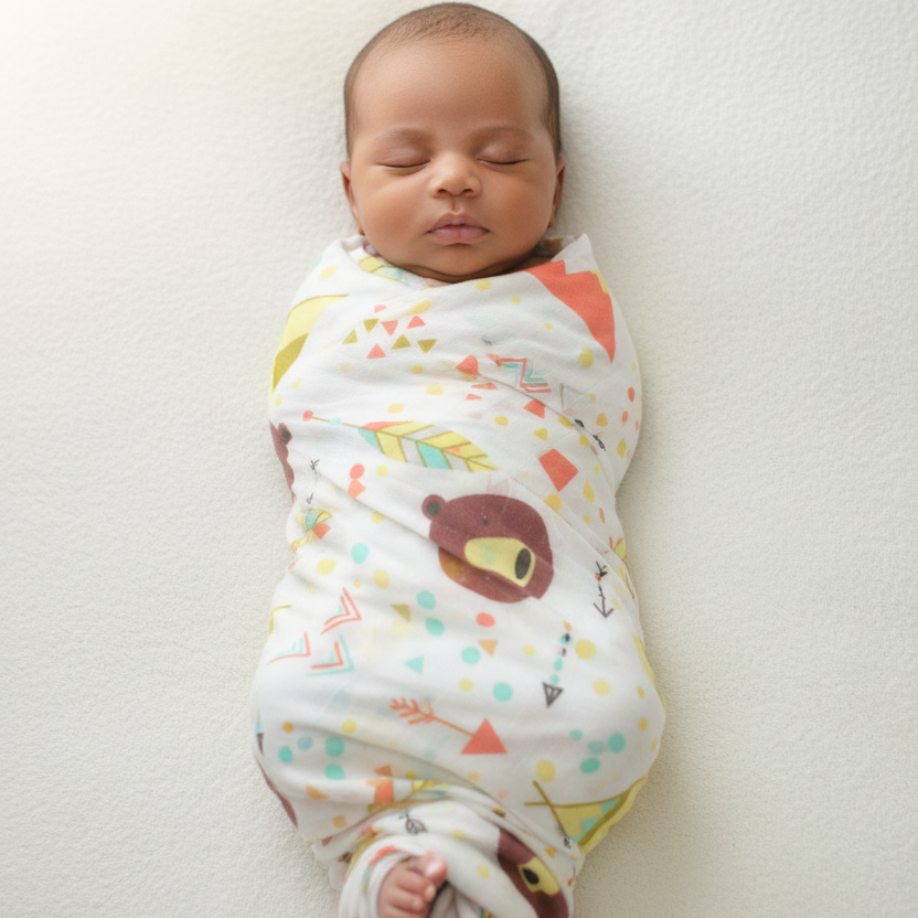 Baby full body swaddled in tribal print blanket