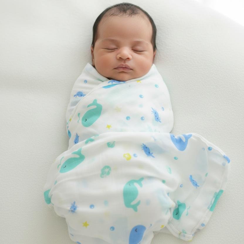 Baby full body swaddled in whale print blanket