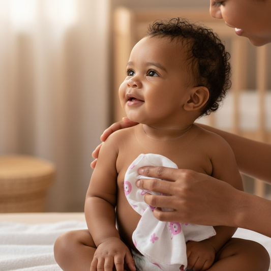 Baby looking up at mum being wiped with pink bunny washcloth