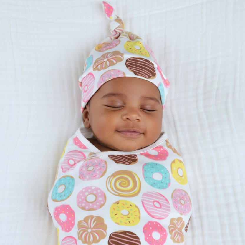 Baby swaddled in donut print sack with hat