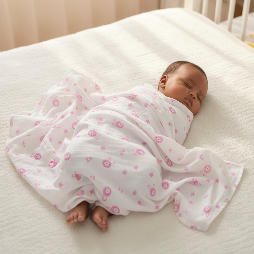 Baby swaddled in pink bunny blanket