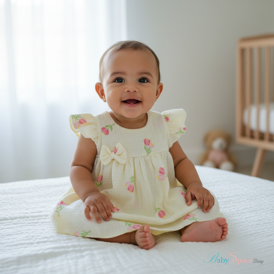 Baby wearing tulip print muslin dress