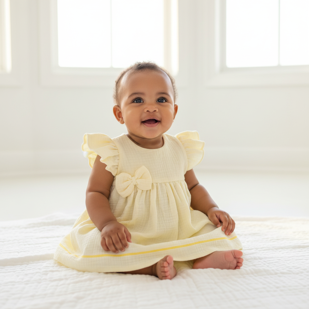 Baby wearing yellow muslin dress