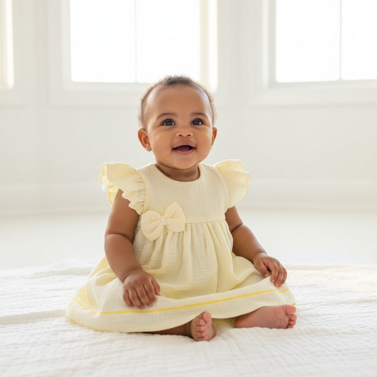Baby wearing yellow muslin dress