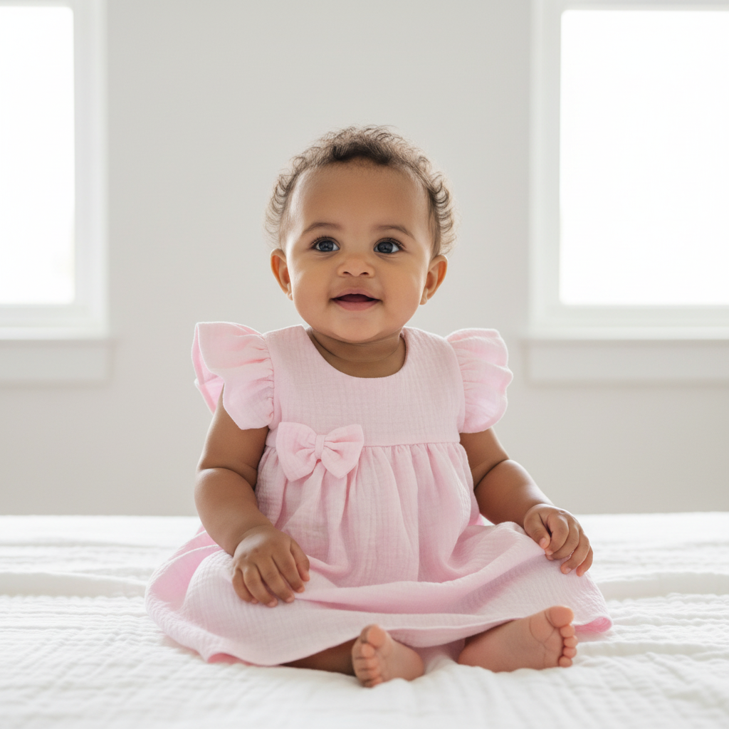 Baby with curly hair wearing pink muslin dress