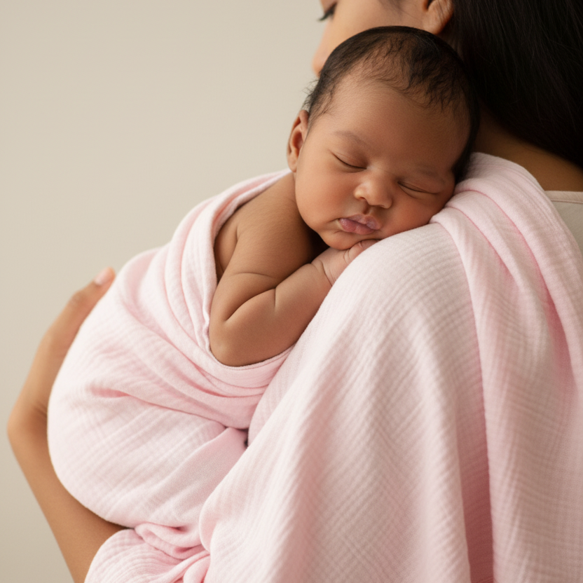 Baby wrapped in pink blanket on mum's shoulder - front profile